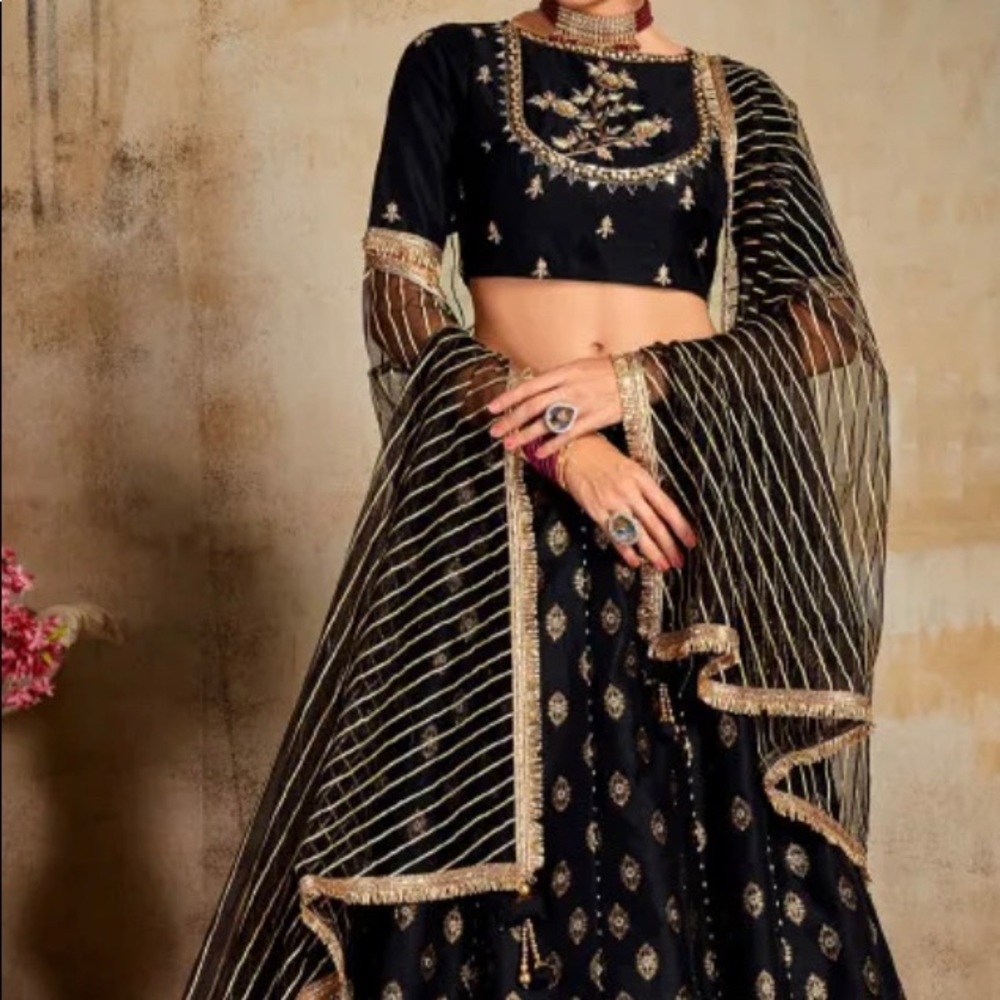 Woven Art Silk Jacquard Lehenga in Black